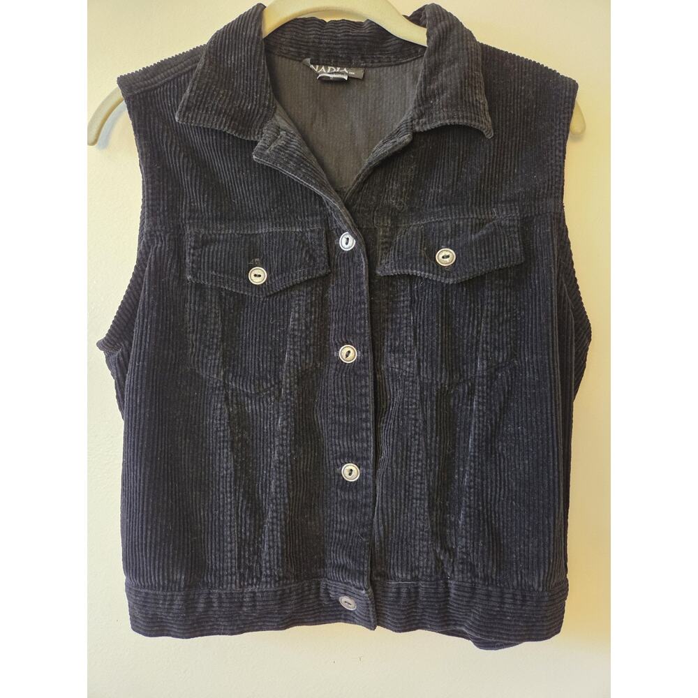 Vtg Nadia Gray Corduroy Vest Black Size S Button Front Made In The USA Western